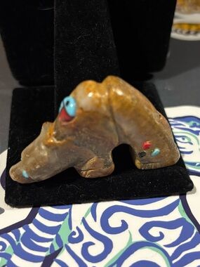 Native American Handcrafted Brown Stone Animal Fetish with Turquoise Accents